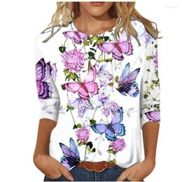 Women's T Shirts Butterfly Print Three Quarter Sleeve Shirt Women Vintage Graphic Tee Streetwear Casual Loose 3/4 Pullover Tops Female