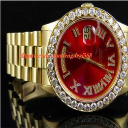 Fashion Top Quality Luxury Wristwatch 18K Mens Yellow Gold 36MM Red Dial Bigger Diamond Watch 6 0 Ct Automatic Movement Men Watch258l