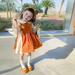 Girl Dresses French Style Spring Autumn Girls Colour Contrasting Two Pieces White Bottoming Shirts Brown Striped Causal Dress