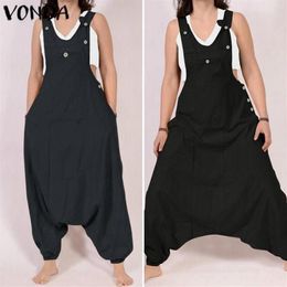 Women Jumpsuit VONDA Summer Cotton Rompers Solid Long Harem Pants Plus Size Casual Loose Pantalon Overalls Oversized Y200422332l