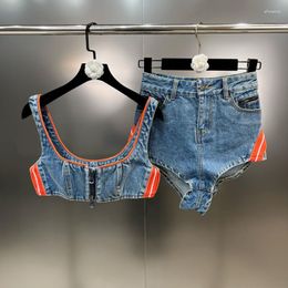 Women's Tracksuits BORVEMAYS Contrasting Colors Zipper Slim Denim Tank Tops High Waist Street Shorts Jeans Two-piece Sets Personality WZ2807