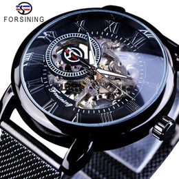 Forsining Retro Fashion Design Skeleton Sport Mechanical Watch Luminous Hands Transparent Mesh Bracelet For Men Top Brand Luxury J240N