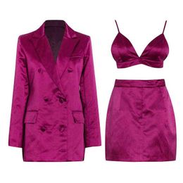 Womens Suits Blazers 3 Pcs Sets Skirt Blazer 2021 Summer New Y Rose Purple Three Piece Doublebreasted Suit Shirt Short Jacket J220813 Dh68V