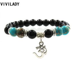 Whole- VIVILADY Bohemian OM Yoga Charms Tiger Eye Stone Resin Turquoise Beads Elastic Cuff Bracelets&Bangle Pulseras Hombre Wo237O