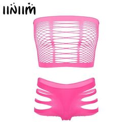 Iiniim Womens Sexy Lingerie Sets Breast Hollow Out Sissy Club Clothes Sleeveless Fishnet Crop Top With Briefs Panties Underwear Br302x