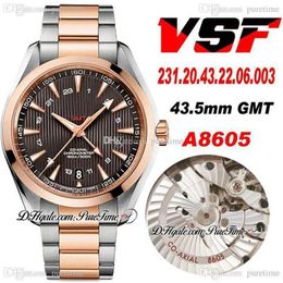 VSF V2 Aqua Terra 150M 43 5mm GMT A8605 Automatic Mens Watch Two Tone Rose Gold Brown Textured Dial Stainless Steel 231 20 43 22 0168c