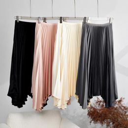 Skirts Summer Women's Clothing 2023 Solid Colour Elastic Waist Loose Stretch Miyake Pleated Irregular Mid-Calf Length