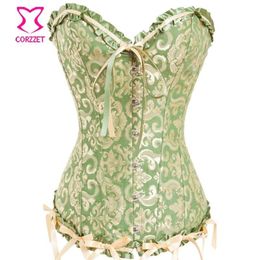 Green Gold Elegant Jacquard Overbust Corset Gothic Clothing W Ribbon Bow Sexy ett For Women Victorian Corsets and Bustiers225w