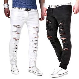 Lasperal Fashion Solid White Jeans Men Sexy Ripped Hole Distresses Washed Skinny Jeans Male Casual Outerwear Hip Hop Pants 2019 Y11914