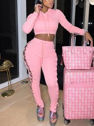 Women s Two Piece Pants LW Bandage Design Backless Crop Top Tracksuit Set Solid Hooded Short Tops Skinny Drawstring Trousers Pieces Matching Suits 231005