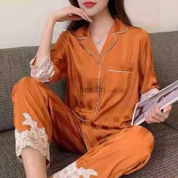 Women's Sleep Lounge Lady's Pajamas Spring/Summer 2021 New Silk Three-Quarter Length Sleeves Trousers Nightwear Striped Lace Sleepwear Two-piece SetL231005