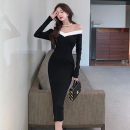 Casual Dresses Sexy One Shoulder Women's Knitted Dress Autumn Elegant Black Full Sleeve Mid-length Sweater Bodycon Party Robe T172