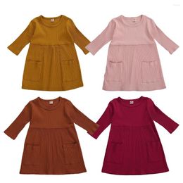 Girl Dresses Infant Baby Girls Autumn Knit Dress Three Quarter Sleeve Solid Pocket Knee Length A-Line