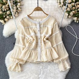 Women's Blouses 2023 Spring Autumn Chiffon Shirt Female Korean Style Sweet Flare Sleeve O-Neck Solid Colour Loose Elegant Temperament Blouse