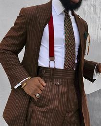 Men s Suits Blazers Brown Stripe Double Breasted Men Suit 2 Pcs Wedding Terno Bespoke Groom Prom Slim Fit ed Lapel Blazer Trousers Jacket Pant 231005