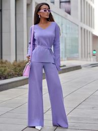 Womens Two Piece Pants RDMQ Women Fashion Vneck Laceup Sweater Pantsuit Casual Solid simple Twopcs Set Lady Long Sleeve Top And Wide Leg 231005