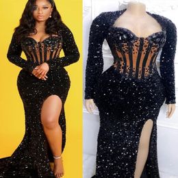 Evening Dresses Black Prom Party Gown Formal Plus Size Mermaid Beaded Zipper Lace Up New Custom Sequins Long Sleeve Lace Sweetheart Sequined Crystal