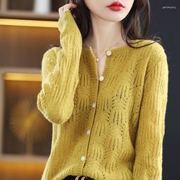 Women's Knits Cashmere Cardigan Women Elegant All Season Pure Wool Sweater Casual Hollow Knitted Round Neck Ladies Tops Loose Jacket