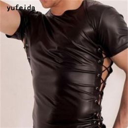 YUDEIDA New Sexy Men's T-Shirt Black Bandage Leather Undershirts Short Sleeve Gay Wear Sex Product Fashion Elastic Tank Top V3038