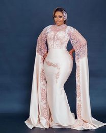 Evening Dresses Ivory Prom Party Gown Formal Plus Size Mermaid Beaded Zipper Lace Up New Custom Sequins Long Sleeve High Neck White Satin Lace