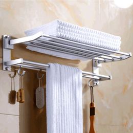 Towel Racks Foldable Wall Mounted Space Aluminium Towel Storage Hanger Shelf Holder Stand Rack with 5pcs Hooks for Home el Bathroom 230927