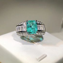 Wedding Rings Fashion Emerald Princess Paraiba Couples Ring For Women Double Full Diamond Crystal Engagement Anniversary Gift Jewellery 231005