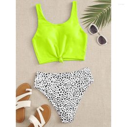 Women's Swimwear 2023 Sexy High Waist Swimsuit Women Dot Print 2-piece Bikini Fluorescent Yellow Summer Holiday Beach Bathing Suit