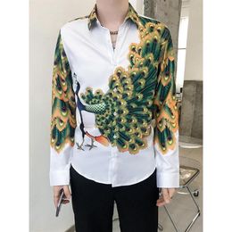 Men's Casual Shirts Luxury Men Flower Shirt Peacock Print Korean Slim Fit Social Camisa Long Sleeve Night Club Mens Button185J