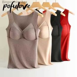 Women's Thermal Underwear Thin Plush Thermal Underwear Women with Chest Pads Basic Solid Colour Seamless Thermal Vest Autumn and Winter DropshippingL231005