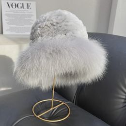 Wide Brim Hats Bucket ICYMI Winter Real Fur Hat Women Warm Knitted Genuine Rabbit Top with Natural Bomber Caps Rex Cap 230928
