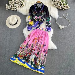 Two Piece Dress Runway Summer Maxi Skirt Top Suit Two Pieces Womens Outfits Fashion Floral Print Blouses Pleated Skirt Holiday Beach Set 2024