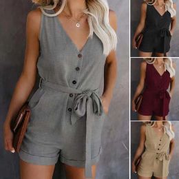 Sleeveless Womens Jumpsuits and Rompers V Neck Jumpsuit Luxery Lady Summer Chic Shorts Pant Rompers with Pocket Plus Size