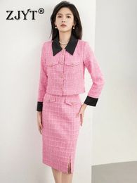 Two Piece Dress ZJYT Autumn Winter Elegant Sets for Women Fashion Tweed Woollen Jacket Skirt Suit Office Lady Outfit Pink 231005