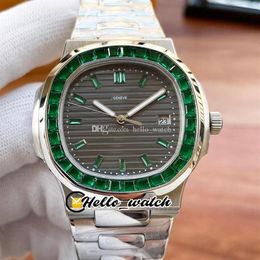 40mm New Sport 5711 113P-01 5711 Automatic Mens Watch Grey Texture Dial Steel Emerald Diamond Bezel Stainless Steel Bracelet Gents306x