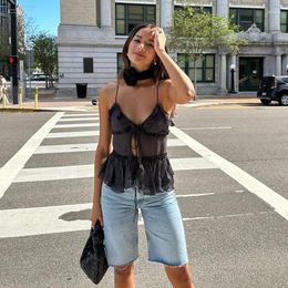 Women's Tanks Black Mesh Top Sexy Sheer Summer Ruffles Lace Up Spaghetti Straps Tops Fashion See Through For Women Basic Vest