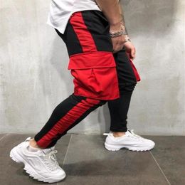 Men's Casual Sports Pants Big Pockets Colour Matching Hip Hop Sports Trousers Men Drawstring Skinny Trackpants326p