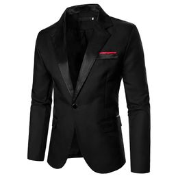 Men's Jackets Men Blazer Decorative Chest Pocket Contrast Colour Satin Collar Causal Formal Daily Wedding Men Long Sleeve One Button Blazer 231005