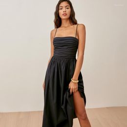 Casual Dresses Boho Inspired Women's Black Dress Ruching Details Fitted Bodice Midi Summer Cotton Strapless Sexy Women Party