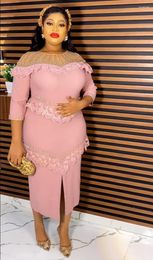 Ethnic Clothing 2023 Autumn Elegant African Dresses For Women 3/4 Sleeve White Pink Yellow Party Wedding Dress Dashiki Clothes