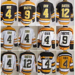 Men Retro Hockey 4 Bobby Orr Jerseys 9 Johnny Bucyk 12 Adam Oates Vintage Classic 75 Anniversary CCM Black White Yellow Team Colour Retire Stitched For Sport Fans