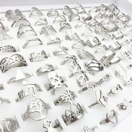 Whole 100pcs Lot Mens Womens Stainless Steel Band Rings Silver Laser Cut Patterns Hollow Carved Flowers Mix Styles Fashion Jew285v