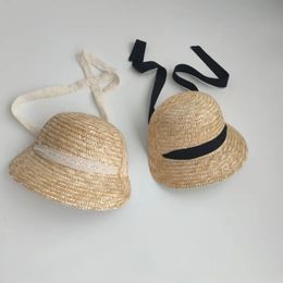 Caps Hats Kids Straw Hat Girsl Boys Big Brim Sun Baby Summer with Black Ribbon Basketball Cap Children Beach 231008