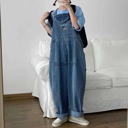 Women's Jumpsuits Rompers Japanese Loose Cute Jumpsuits Women New Cartoon Embroidery Oversized Denim Overalls Fe Cuffed Wide Leg TrousersL231005