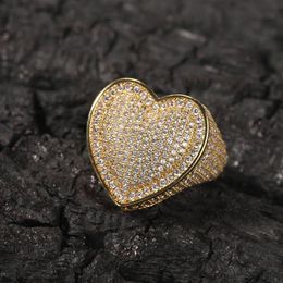 Hip Hop New Men's Big Heart Full Zircon Men Ring Famous Brand Iced Out Micro Pave Cz Rings Punk Rap Jewellery Size290H