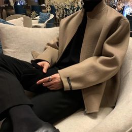 Мужское зимнее черное шерстяное пальто, мужская теплая модная повседневная куртка, мужская уличная одежда, корейские свободные короткие 231005