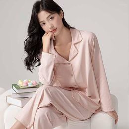 Women's Sleepwear Soft Cotton Pajama Set Solid Color Long Sleeved Shirt Pants Two Piece Loose Casual Female Sweet Nightwear