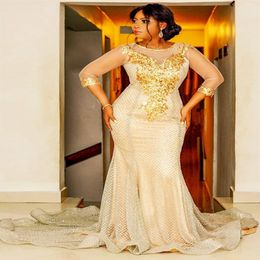 arabic aso ebi plus size gold sparkly mermaid evening dresses sheer neck prom dresses lace formal party second reception gowns zj2306y