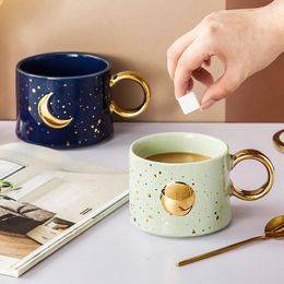 Mugs Moon Sun Mug Ins Style 300ML Gold Handgrip Cup Handmade Embossed Ceramic Heat Resistant Eco Friendly Tazas Originales