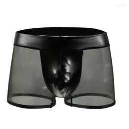 Underpants Black Sexy Mens Underwear Transparent Hollow Gauze Boxer With Faux Leather Pouch 1077