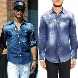 Men's Bleach Fade Denim Shirt Cool Slim Fit Longsleeves Washed Vintage Solid Color Cowboy Shirts Man289p